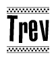 The clipart image displays the text Trev in a bold, stylized font. It is enclosed in a rectangular border with a checkerboard pattern running below and above the text, similar to a finish line in racing. 