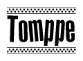 The clipart image displays the text Tomppe in a bold, stylized font. It is enclosed in a rectangular border with a checkerboard pattern running below and above the text, similar to a finish line in racing. 
