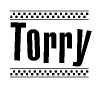 The image is a black and white clipart of the text Torry in a bold, italicized font. The text is bordered by a dotted line on the top and bottom, and there are checkered flags positioned at both ends of the text, usually associated with racing or finishing lines.