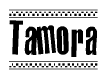 The clipart image displays the text Tamora in a bold, stylized font. It is enclosed in a rectangular border with a checkerboard pattern running below and above the text, similar to a finish line in racing. 