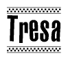 The image contains the text Tresa in a bold, stylized font, with a checkered flag pattern bordering the top and bottom of the text.