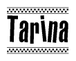The image contains the text Tarina in a bold, stylized font, with a checkered flag pattern bordering the top and bottom of the text.