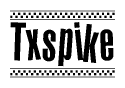 The image is a black and white clipart of the text Txspike in a bold, italicized font. The text is bordered by a dotted line on the top and bottom, and there are checkered flags positioned at both ends of the text, usually associated with racing or finishing lines.