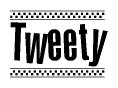 The image is a black and white clipart of the text Tweety in a bold, italicized font. The text is bordered by a dotted line on the top and bottom, and there are checkered flags positioned at both ends of the text, usually associated with racing or finishing lines.