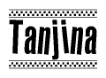 The image is a black and white clipart of the text Tanjina in a bold, italicized font. The text is bordered by a dotted line on the top and bottom, and there are checkered flags positioned at both ends of the text, usually associated with racing or finishing lines.