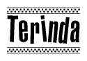 The image contains the text Terinda in a bold, stylized font, with a checkered flag pattern bordering the top and bottom of the text.
