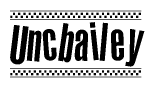 The image is a black and white clipart of the text Uncbailey in a bold, italicized font. The text is bordered by a dotted line on the top and bottom, and there are checkered flags positioned at both ends of the text, usually associated with racing or finishing lines.