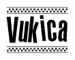 The clipart image displays the text Vukica in a bold, stylized font. It is enclosed in a rectangular border with a checkerboard pattern running below and above the text, similar to a finish line in racing. 
