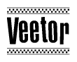 The image is a black and white clipart of the text Veetor in a bold, italicized font. The text is bordered by a dotted line on the top and bottom, and there are checkered flags positioned at both ends of the text, usually associated with racing or finishing lines.