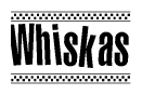The image contains the text Whiskas in a bold, stylized font, with a checkered flag pattern bordering the top and bottom of the text.