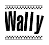 The image contains the text Wally in a bold, stylized font, with a checkered flag pattern bordering the top and bottom of the text.