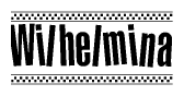 The clipart image displays the text Wilhelmina in a bold, stylized font. It is enclosed in a rectangular border with a checkerboard pattern running below and above the text, similar to a finish line in racing. 