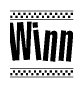 The image is a black and white clipart of the text Winn in a bold, italicized font. The text is bordered by a dotted line on the top and bottom, and there are checkered flags positioned at both ends of the text, usually associated with racing or finishing lines.