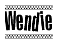 The image is a black and white clipart of the text Wendie in a bold, italicized font. The text is bordered by a dotted line on the top and bottom, and there are checkered flags positioned at both ends of the text, usually associated with racing or finishing lines.