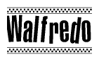 The image is a black and white clipart of the text Walfredo in a bold, italicized font. The text is bordered by a dotted line on the top and bottom, and there are checkered flags positioned at both ends of the text, usually associated with racing or finishing lines.