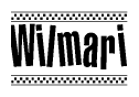 The image is a black and white clipart of the text Wilmari in a bold, italicized font. The text is bordered by a dotted line on the top and bottom, and there are checkered flags positioned at both ends of the text, usually associated with racing or finishing lines.