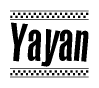 The image is a black and white clipart of the text Yayan in a bold, italicized font. The text is bordered by a dotted line on the top and bottom, and there are checkered flags positioned at both ends of the text, usually associated with racing or finishing lines.