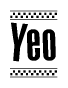 The clipart image displays the text Yeo in a bold, stylized font. It is enclosed in a rectangular border with a checkerboard pattern running below and above the text, similar to a finish line in racing. 