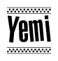 The image contains the text Yemi in a bold, stylized font, with a checkered flag pattern bordering the top and bottom of the text.