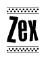 The image contains the text Zex in a bold, stylized font, with a checkered flag pattern bordering the top and bottom of the text.