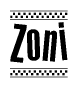 The image contains the text Zoni in a bold, stylized font, with a checkered flag pattern bordering the top and bottom of the text.