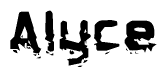 This nametag says Alyce, and has a static looking effect at the bottom of the words. The words are in a stylized font.