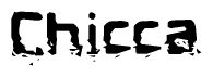 This nametag says Chicca, and has a static looking effect at the bottom of the words. The words are in a stylized font.