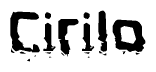 This nametag says Cirilo, and has a static looking effect at the bottom of the words. The words are in a stylized font.