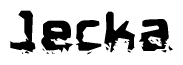 This nametag says Jecka, and has a static looking effect at the bottom of the words. The words are in a stylized font.