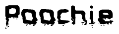 This nametag says Poochie, and has a static looking effect at the bottom of the words. The words are in a stylized font.