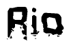 This nametag says Rio, and has a static looking effect at the bottom of the words. The words are in a stylized font.