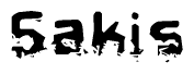 This nametag says Sakis, and has a static looking effect at the bottom of the words. The words are in a stylized font.
