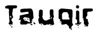 This nametag says Tauqir, and has a static looking effect at the bottom of the words. The words are in a stylized font.