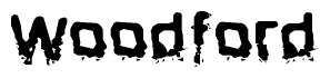 This nametag says Woodford, and has a static looking effect at the bottom of the words. The words are in a stylized font.