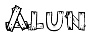 The image contains the name Alun written in a decorative, stylized font with a hand-drawn appearance. The lines are made up of what appears to be planks of wood, which are nailed together