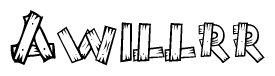 The clipart image shows the name Awillrr stylized to look as if it has been constructed out of wooden planks or logs. Each letter is designed to resemble pieces of wood.