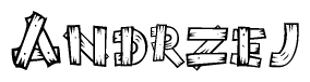 The image contains the name Andrzej written in a decorative, stylized font with a hand-drawn appearance. The lines are made up of what appears to be planks of wood, which are nailed together