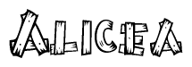 The clipart image shows the name Alicea stylized to look as if it has been constructed out of wooden planks or logs. Each letter is designed to resemble pieces of wood.