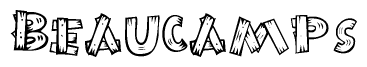 The image contains the name Beaucamps written in a decorative, stylized font with a hand-drawn appearance. The lines are made up of what appears to be planks of wood, which are nailed together