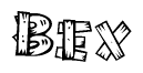 The clipart image shows the name Bex stylized to look as if it has been constructed out of wooden planks or logs. Each letter is designed to resemble pieces of wood.