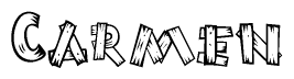 The image contains the name Carmen written in a decorative, stylized font with a hand-drawn appearance. The lines are made up of what appears to be planks of wood, which are nailed together