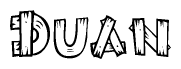 The image contains the name Duan written in a decorative, stylized font with a hand-drawn appearance. The lines are made up of what appears to be planks of wood, which are nailed together