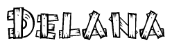 The clipart image shows the name Delana stylized to look like it is constructed out of separate wooden planks or boards, with each letter having wood grain and plank-like details.