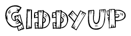 The image contains the name Giddyup written in a decorative, stylized font with a hand-drawn appearance. The lines are made up of what appears to be planks of wood, which are nailed together