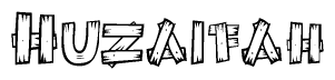 The image contains the name Huzaifah written in a decorative, stylized font with a hand-drawn appearance. The lines are made up of what appears to be planks of wood, which are nailed together