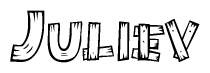 The image contains the name Juliev written in a decorative, stylized font with a hand-drawn appearance. The lines are made up of what appears to be planks of wood, which are nailed together