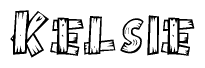 The clipart image shows the name Kelsie stylized to look as if it has been constructed out of wooden planks or logs. Each letter is designed to resemble pieces of wood.