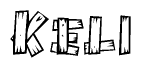 The clipart image shows the name Keli stylized to look as if it has been constructed out of wooden planks or logs. Each letter is designed to resemble pieces of wood.