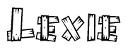 The clipart image shows the name Lexie stylized to look as if it has been constructed out of wooden planks or logs. Each letter is designed to resemble pieces of wood.