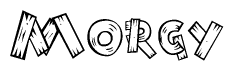 The image contains the name Morgy written in a decorative, stylized font with a hand-drawn appearance. The lines are made up of what appears to be planks of wood, which are nailed together